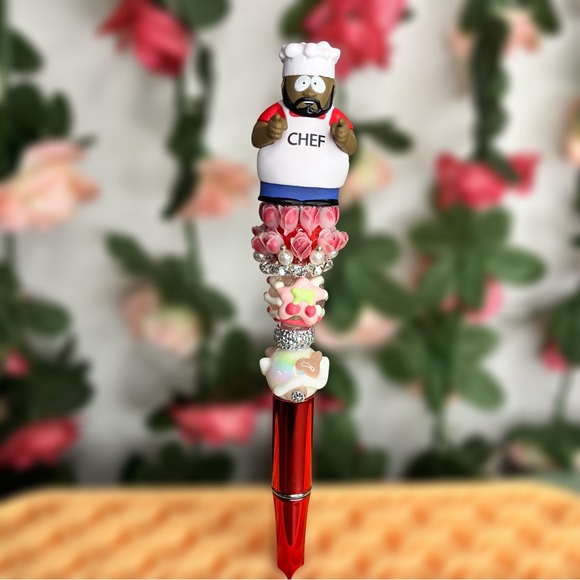 Hand Crafted Other - Chef Repurposed South Park Figure Beaded Pen with Red Accents Flowers Cherries